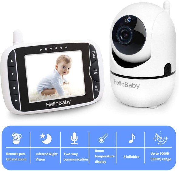 HelloBaby 3.2" Video Baby Monitor w/ Remote Camera Pan-Tilt-Zoom HB6588 - White