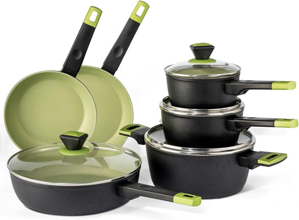 Prikoi Pots and Pans Set, Nonstick Cookware Set, Frying Pans (10 Piece) - Green