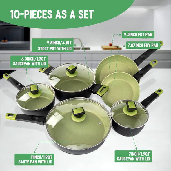 Prikoi Pots and Pans Set, Nonstick Cookware Set, Frying Pans (10 Piece) - Green