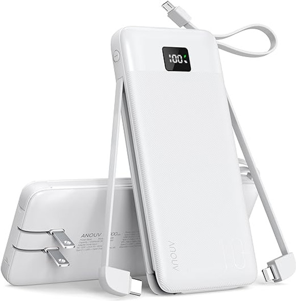 ANOUV Portable Charger Built-in Cables&AC Wall Plug 10000mAh TW1006 - WHITE