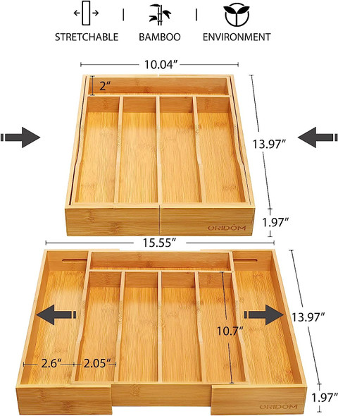 oridom 7 Slots Expandable Bamboo Kitchen Drawer Organizer, Adjustable - Natural
