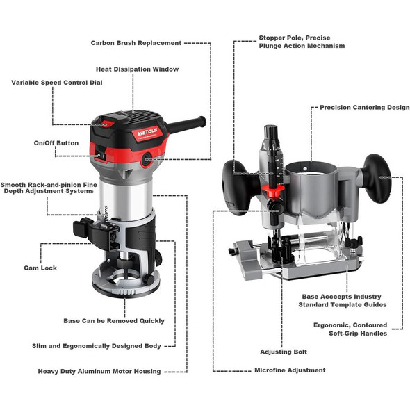 WETOLS Compact Router Tool Set Fixed/Plunge Base Kit WE345 - Black/ Red