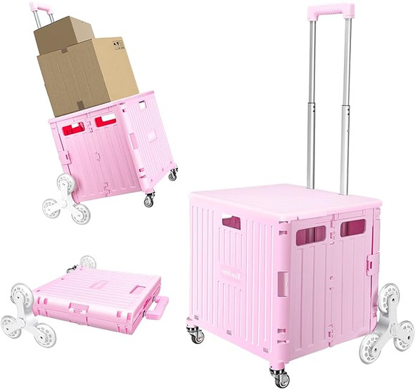 Honshine XZ-1 Foldable Cart, Collapsible Rolling Crate Telescoping Handle - Pink