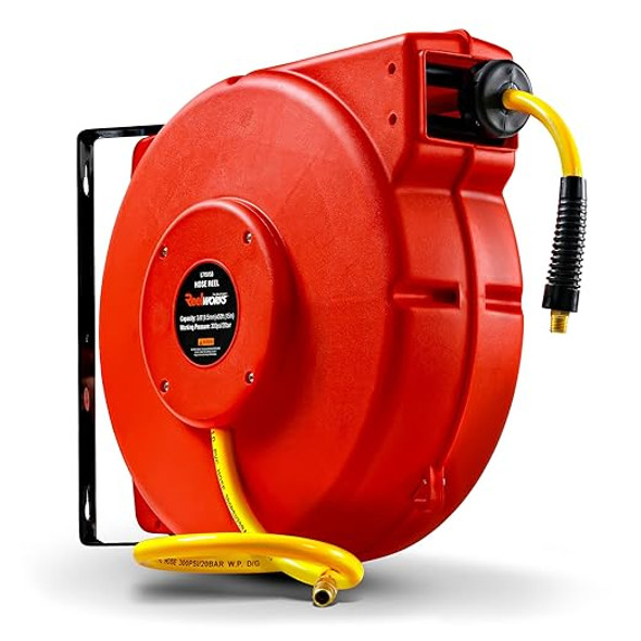 ReelWorks Air Hose Reel Retractable 3/8"x50' Foot PVC Hose 300PSI L715153A - Red