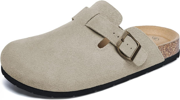 Xiakolaka Women's Suede Clogs Adjustable Buckle Footbed Home Slippers Beige 8