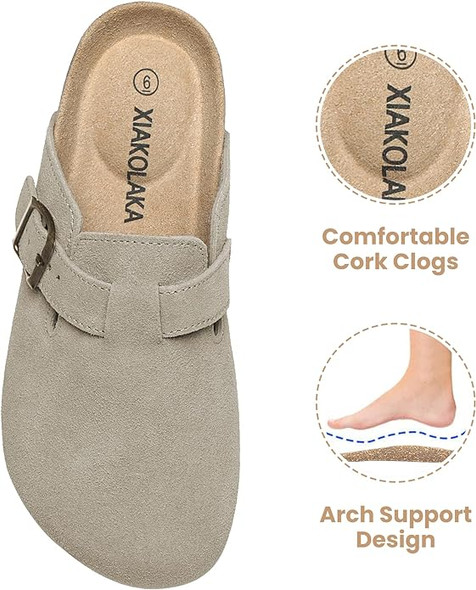 Xiakolaka Women's Suede Clogs Adjustable Buckle Footbed Home Slippers Beige 8