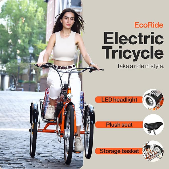 SuperHandy Tricycle Electric Bike EcoRide 3 Modes Pedal Assist 250W - ORANGE SuperHandy Tricycle Electric Bike EcoRide 3 Modes Pedal Assist 250W - ORANGE