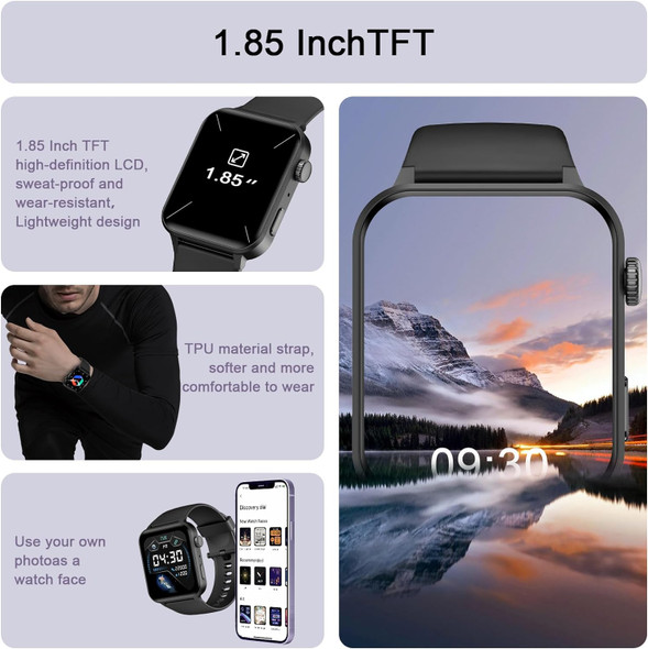 IOWODO R30 Pro Smart Watch - 1.85'' HD Screen with Make and Answer Calls - BLACK