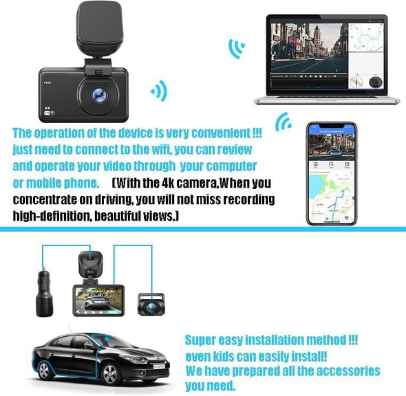UPGROW PB36 4K Dual Dash Cam Front and Rear, WiFi and GPS, 3" Screen - Black