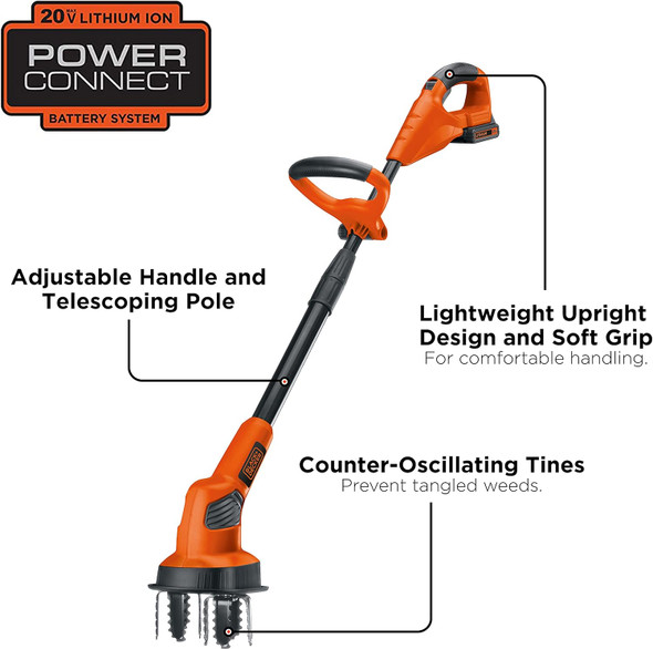 Black+Decker 20V 7" Cordless Cultivator/Tiller, 1.5Ah Battery Charger - Orange