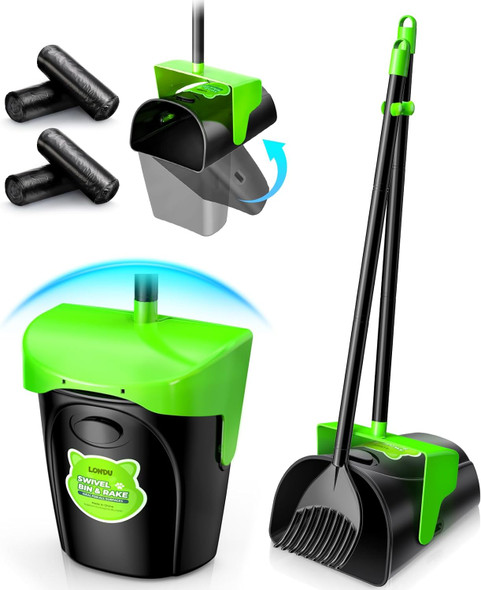 LONDU Odor Blocking Pooper Scooper Large Swivel Bin & Rake, 36" - Green/Black