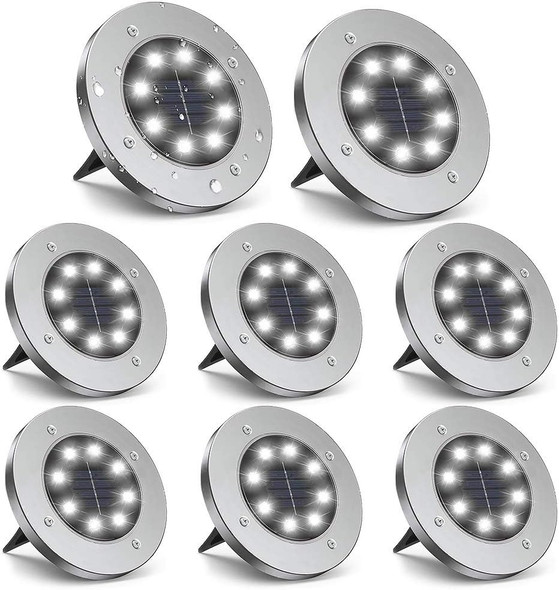 Solar Disk Lights 8 LED Outdoor Ground Landscape (8 Pack) Bright White - Silver