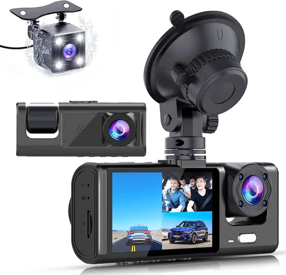 TEQHOME 3 Channel Dash Cam Front Rear Inside, 1080P, 32GB Max, CCD-2024 - Black