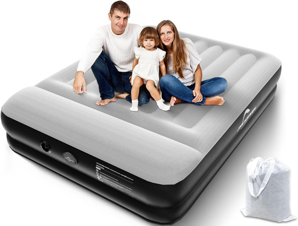 JHUNSWEN 16" Queen Air Mattress w/Built-in Pump/USB & Pillow, JS-HE-006T - BEIGE