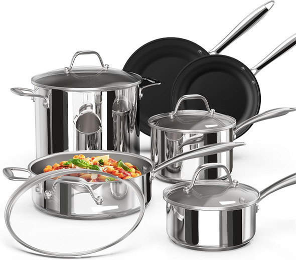 CIWETE Stainless Steel Pots and Pans Set 10 Pieces HI04COOKSET10PS01 - Silver