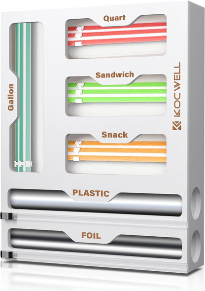 KOCWELL 6 In 1 Bag Organizer and Plastic Wrap Dispenser with Cutter - White