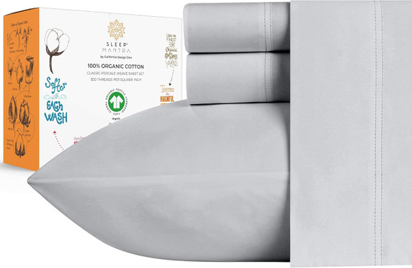 SLEEP MANTRA 100% ORGANIC COTTON BED SHEET SET CRISP AND COOLING LIGHT GRAY
