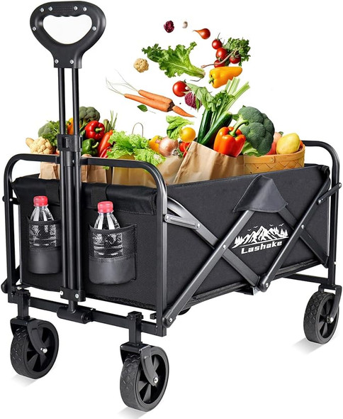 COLLAPSIBLE WAGON CARTS FOLDABLE, HEAVY DUTY BEACH FOLDING WAGON CART - BLACK