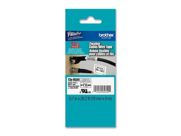 Brother P-touch Genuine TZe-FX241, ~3/4" (0.7") Black on White Flexible