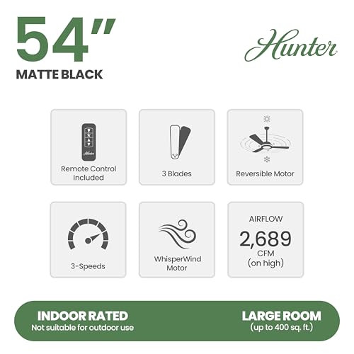 Hunter Fan 54 inch Matte Black Ceiling Fan with LED Light and Remote Control