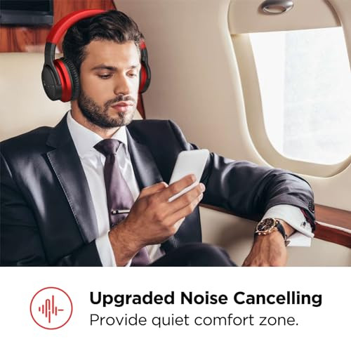 COMMALTA Active Noise Cancelling Headphones Over Ear Bluetooth 30Hrs - Deep Red