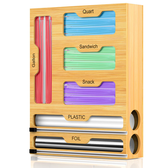 LAWMOLIW Bag Storage Organizer, 6 in 1 Foil and Plastic Wrap Dispenser - NATURAL