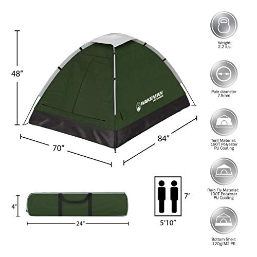 Wakeman Outdoors 2 Person Camping Tent with Rain Fly 75-CMP1082 - Green/Gray