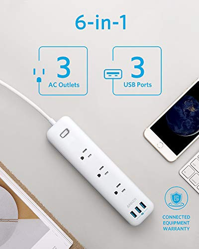 ANKER POWER STRIP WITH USB 3-OUTLET 3 POWERIQ USB POWERSTRIP A9131 - WHITE