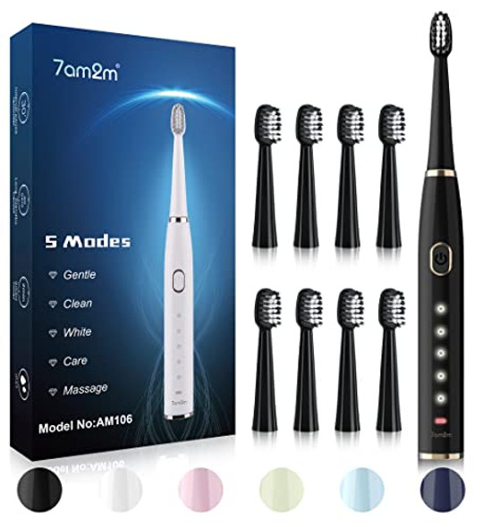 7AM2M Sonic Electric Toothbrush 8 Brush Heads 5 modes Fast Charge AM106 - Black