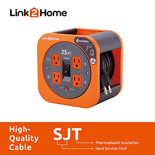 LINK2HOME CORD REEL 25 FT. EXTENSION CORD 4 POWER OUTLETS EMR210-25UL - ORANGE