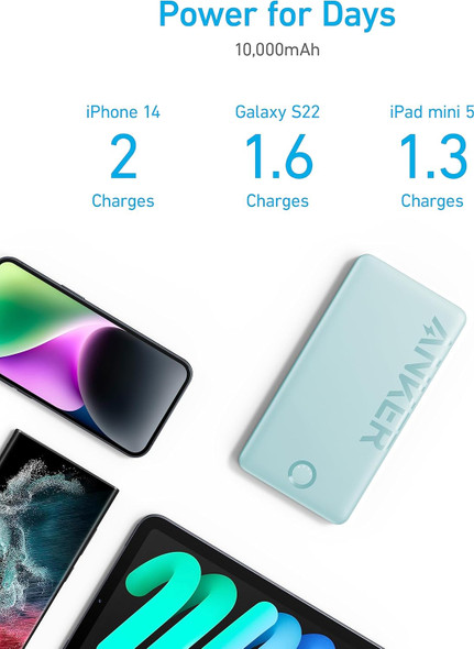 Anker 323 Power Bank, 10,000mAh, 12W, 1 USB-A & 1 USB-C Port, A1334 - GREEN