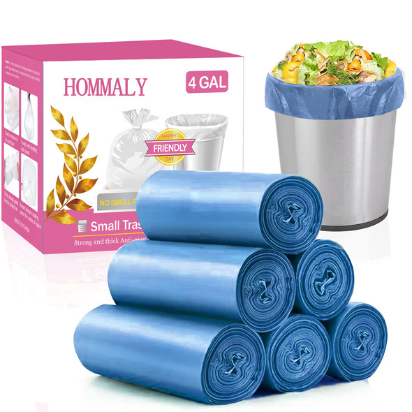HOMMALY 4 Gallon Small Blue Trash Bags Strong Clear Garbage Bags - BLUE