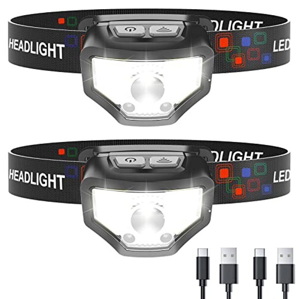 Headlamp Rechargeable, 2-Pack 1200 Lumen Super Bright with White Red LED Head