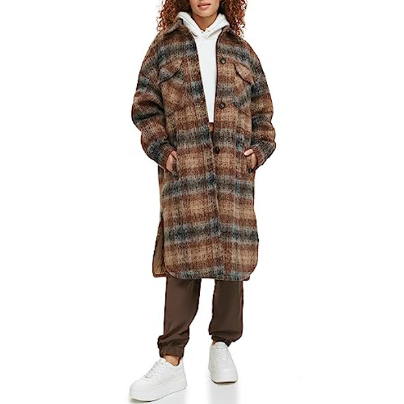 LEVI'S WOMEN LONG PLAID FLANNEL SHIRT JACKET BROWN PLAID SIZE S New