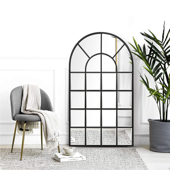 GIFTTROVE BLACK ARCHED WINDOW MIRROR LARGE WINDOW PANE MIRROR - BLACK