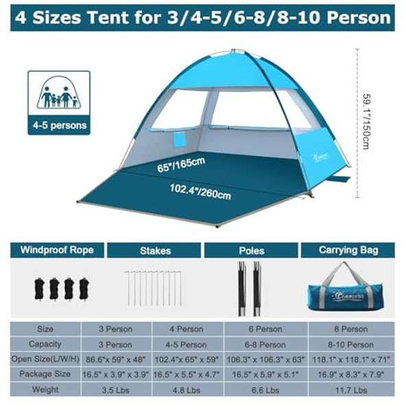 COMMOUDS Beach Tent Sun Shade 3/4-5/6-7/8-10 Person, UPF 50+ Sandbox Blue