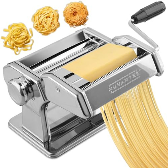 NUVANTEE PASTA MAKER MACHINE MANUAL HAND PRESS ADJUSTABLE THICKNESS - SILVER