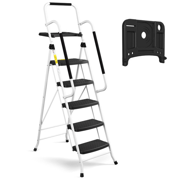 HBTOWER 5 STEP LADDER, FOLDING STEP STOOL, KQ-SL-5-0004-WH - WHITE HBTOWER 5 STEP LADDER, FOLDING STEP STOOL, KQ-SL-5-0004-WH - WHITE