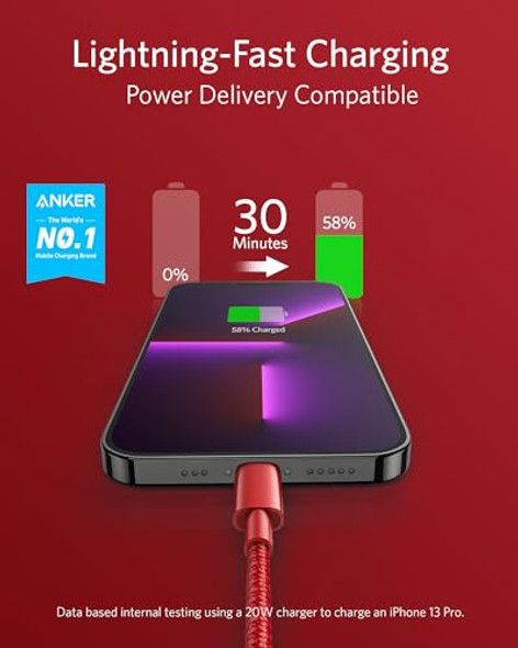 ANKER NEW NYLON USB-C TO LIGHTNING CHARGING CORD 6FT MFI A8622 - RED
