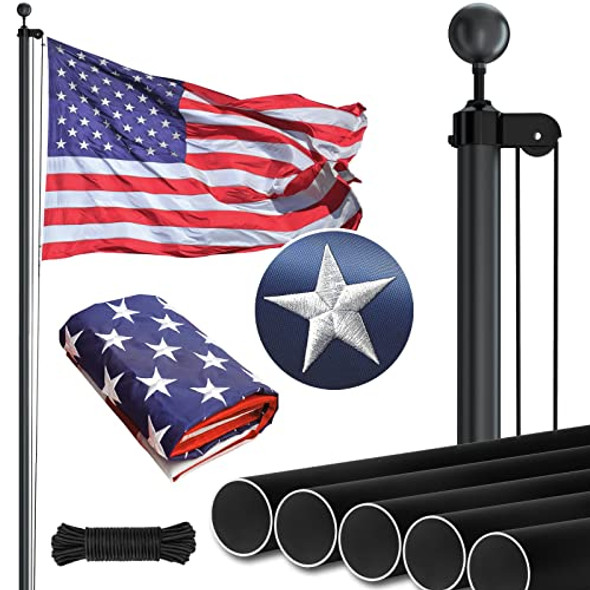 NELXINJO HEAVY DUTY 25FT FLAG POLE EMBROIDERED STARS 3X5 AMERICAN - BLACK