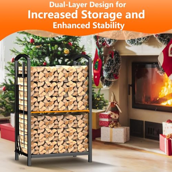 MEOLIGR FIREWOOD RACK INDOOR DOUBLE-LAYER FIREPLACE TOOLS SET BLACK/ORANGE