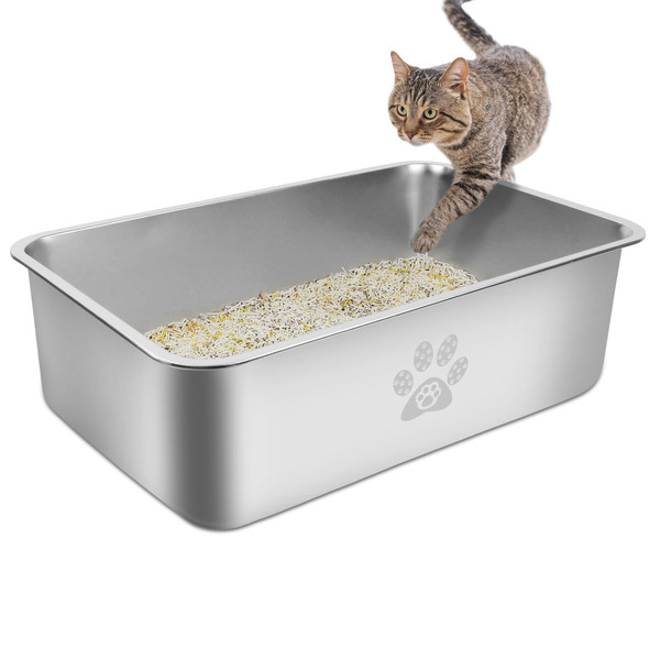 PWTAA STAINLESS STEEL CAT LITTER BOX HIGH SIDE SC07001-6 - SILVER