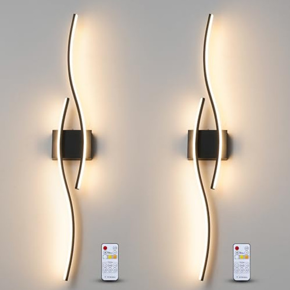 DAUNTON HARDWIRED MODERN WALL SCONCE SET TWO REMOTE CONTROL - BLACK
