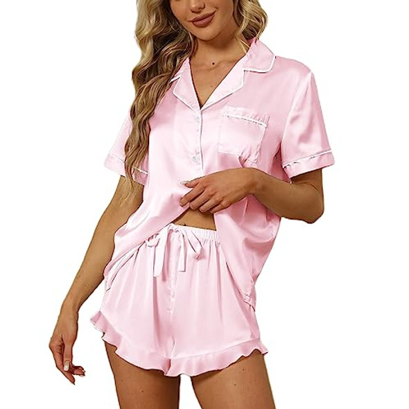 SAPJON women 2Pcs Satin Silk Pajamas Pjs Set, Small, Pink New