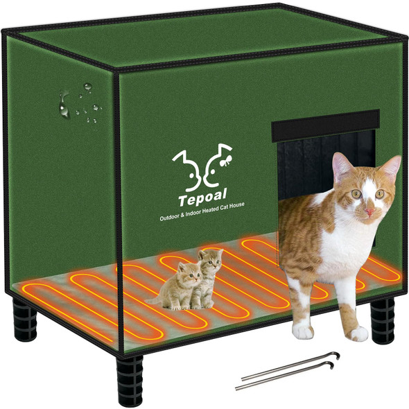 TEPOAL INDESTRUCTIBLE LARGE HEATED CAT HOUSE FOR OUTSIDE WINTER - Olive green