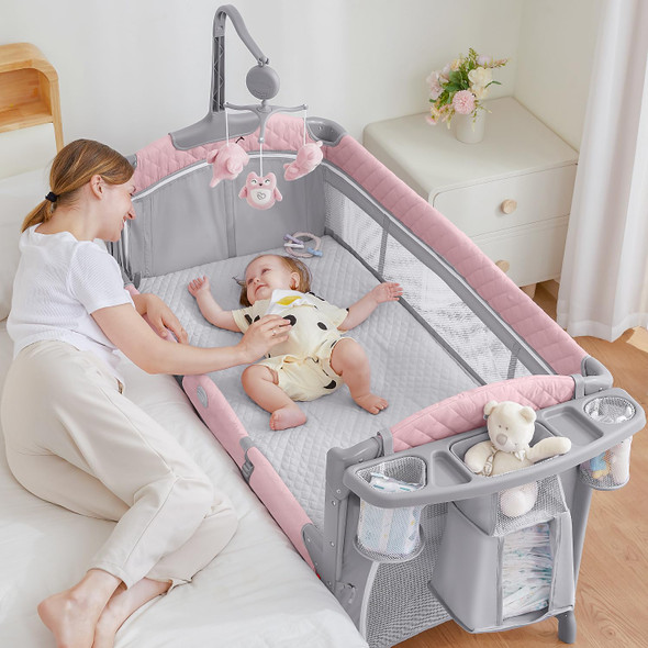 ADOVEL BABY BASSINET BEDSIDE CRIB PACK PLAY MATTRESS DIAPER CHANGER - PINK