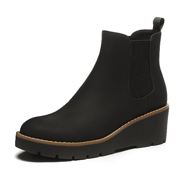 ATHLEFIT WOMEN CHELSEA WEDGE BOOT ELASTIC PLATFORM WEDGE ANKLE BOOTIE 9 BLACK