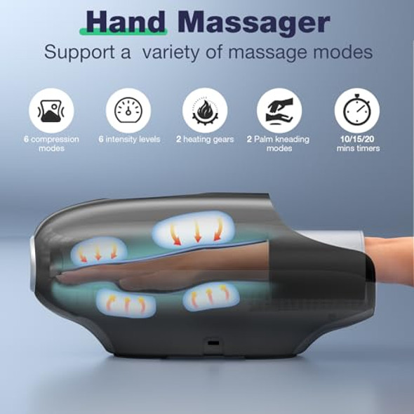 VECIAUS HAND MASSAGER WITH HEAT AND COMPRESSION, 3D MACHINE FOR HAND - BLACK