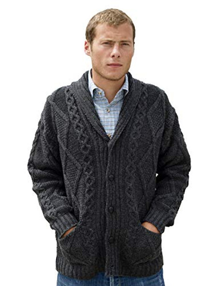 Aran Crafts Men's Irish Cable Knitted Sweater 100% Merino Wool Charcoal M New