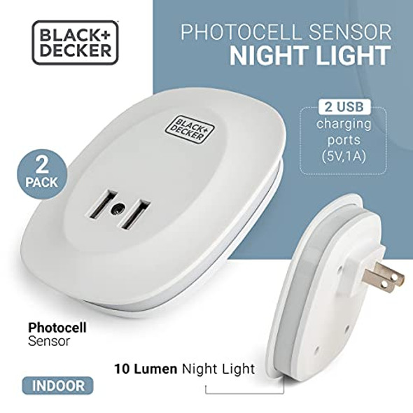 BLACK+DECKER NIGHT LIGHT PLUGS WITH 2 USB PORTS, 10 LUMEN, 2 PACK - WHITE
